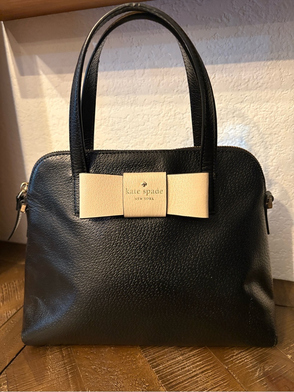 kate spade Black Leather Satchel with Cream Bow Accent